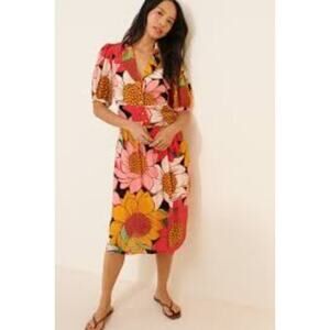 Farm Rio Midi Dress XS Sunflower Colorful Floral Colorful Fairy Puff Sleeve